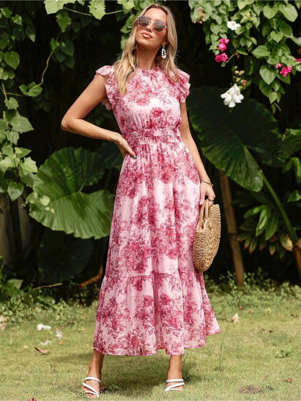 Women's Pink Red Short Sleeve Crew Neck A LINE Imported Casual Maxi Dress - Picture 6 of 7